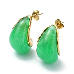 Ion Plating(IP) Golden 304 Stainless Steel Teardrop Stud Earrings, Half Hoop Earrings with Resin, Spring Green, 24x15mm(EJEW-G375-17G-02)