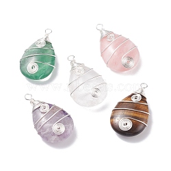 Natural Gemstone Pendants, with Silver Tone Copper Wire Wrapped, Teardrop, 43~44.5x25.5~26.5x10.5~11.5mm, Hole: 3.5~4mm(PALLOY-JF01438)