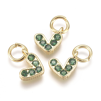 Brass Micro Pave Cubic Zirconia Charms, with Jump Ring, Long-Lasting Plated, Real 18K Gold Plated, Heart, Green, 6x8x2mm, Hole: 3mm