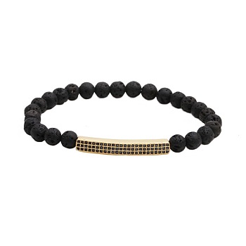 6MM Natural Lava Rock Beaded Bracelets, Tube Brass Micro Pave Cubic Zirconia Stretch Bracelets