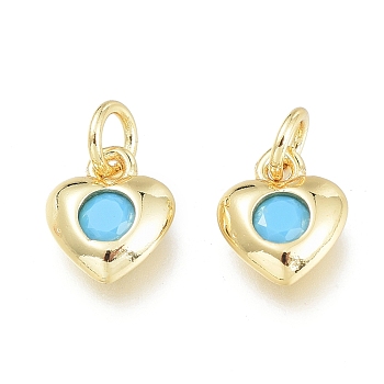 Brass Charms, with Synthetic Turquoise inside and Jump Ring, Long-Lasting Plated, Heart, Real 18K Gold Plated, 7x6.5x2mm, Jump Ring: 4x0.7mm, Inner Diameter: 2.6mm