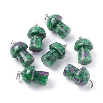 Natural Ruby in Zoisite Pendants, with Platinum Tone Brass Findings, Mushroom , 25x14mm, Hole: 2.4mm