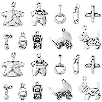 100Pcs 10 Styles Tibetan Style Alloy Charms, Antique Silver, Baby Style Charms, Clothes/Dog/Shoes/Baby Carriage Charms, Antique Silver, 7~23x6~20.5x1~4mm, Hole: 1~2.2mm, 10pcs/style