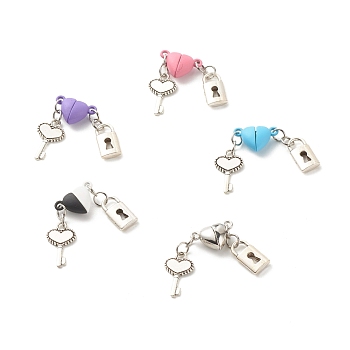 Heart Alloy Magnetic Clasps with Loops, with 304 Stainless Steel Jump Rings and Alloy Pendant, Key & Lock, Mixed Color, 55mm