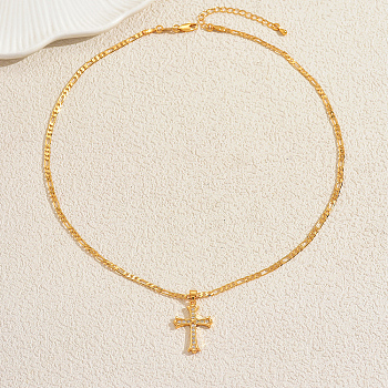 Elegant Brass Micro Pave Clear Cubic Zirconia Cross Pendant Necklaces for Daily Casual and Streetwear Wear, Golden, 17.72 inch(45cm)