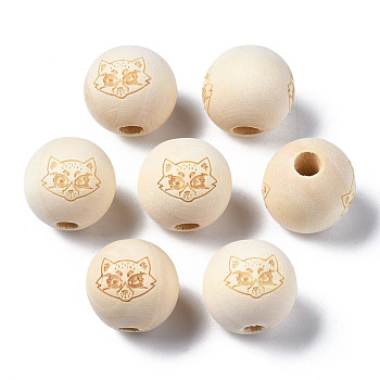 Unfinished Natural Wood European Beads, Large Hole Beads, Laser Engraved Pattern, Round with Fox, Old Lace, 15~16x14~15mm, Hole: 4mm
