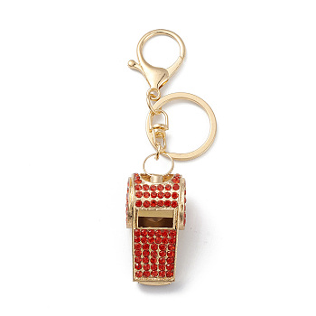 Shining Zinc Alloy Rhinestone Whistle Pendant Keychain, for Car Key Bag Charms Ornaments, Ruby, 11.9cm