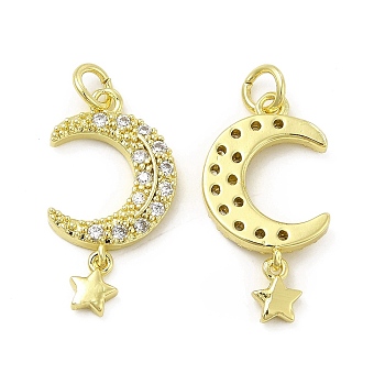 Brass Micro Pave Cubic Zirconia Pendants, with Jump Ring, Moon & Star Charm, Golden, 23x12x2.8mm, Hole: 2.5mm