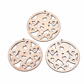 Undyed Natural Hollow Wooden Big Pendants, Laser Cut Shapes, Donut with Heart, Antique White, 61.5x59.5x2mm, Hole: 1.8mm