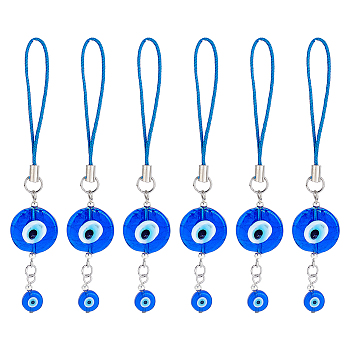 Flat Round Handmade Evil Eye Lampwork Pendant Decoration, with Nylon Mobile Phone Strap, for Car Hanging Accessories, Blue, 103mm, 6pcs/set