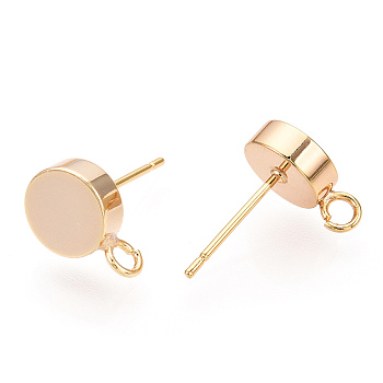 Brass Stud Earring Findings, with Vertical Loops, Flat Round, Real 18K Gold Plated, 11.5x8mm, Hole: 2mm, Pin: 12x0.8mm