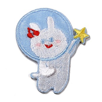Computerized Embroidery Cloth Self Adhesive Patches, Stick On Patch, Costume Accessories, Appliques, Rabbit with Star, Light Blue, 41.5x34x1.5mm