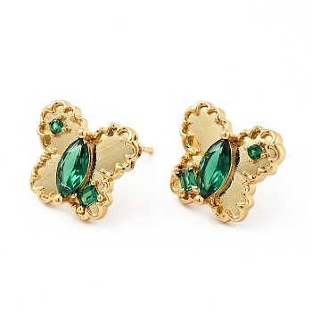 Green Cubic Zirconia Butterfly Stud Earrings, Brass Jewelry for Women, Cadmium Free & Nickel Free & Lead Free, Real 18K Gold Plated, 13x14.5mm, Pin: 0.8mm