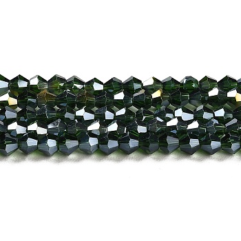Transparent Electroplate Glass Beads Strands, AB Color Plated, Faceted, Bicone, Dark Green, 3x2.5mm, Hole: 0.7mm, about 162~185pcs/strand, 12.76~14.61 inch(32.4~37.1cm)