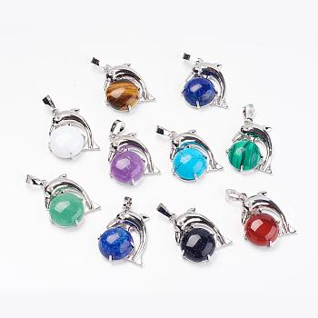 Natural & Synthetic Mixed Stone Pendants, with Brass Findings, Dolphin, Platinum, 30x23x8mm, Hole: 5x8mm
