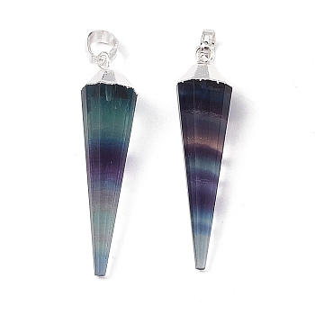 Natural Fluorite Pendants, Faceted Cone Charms, with Rack Plating Brass Findings, Silver, 34~34.5x7.5~8mm, Hole: 6x4mm