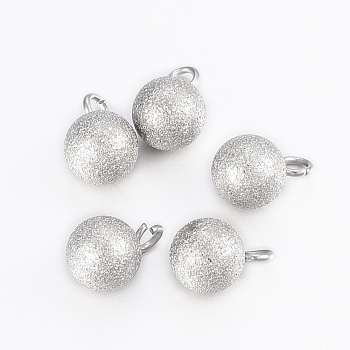 201 Stainless Steel Charms, Textured, Frosted, Round, Stainless Steel Color, 9x6mm, Hole: 2mm