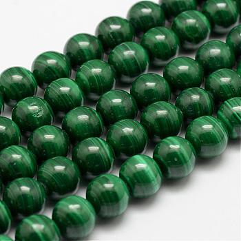 Natural Malachite Beads Strands, Round, 10mm, Hole: 1mm, about 41pcs/strand, 15.5 inch(39.5cm)