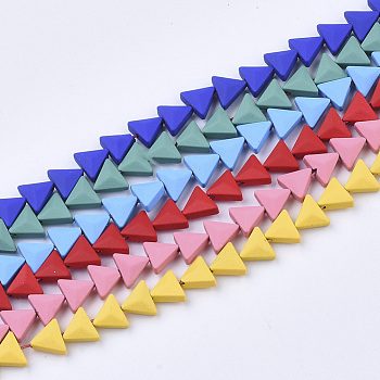 Spray Painted Non-magnetic Synthetic Hematite Beads Strands, Triangle, Mixed Color, 6x7x3.5mm, Hole: 0.5mm, about 70pcs/strand, 15.75 inch(40cm)