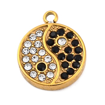 304 Stainless Steel Rhinestone Pendants, Flat Round Yin-yang, Golden, 16x13x2.5mm, Hole: 1.8mm