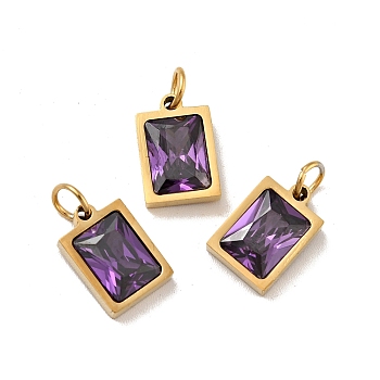 PVD Vacuum Plating 304 Stainless Steel Pendants, with Cubic Zirconia and Jump Rings, Single Stone Charms, Rectangle, Golden, Slate Blue, 11.5x8x3.5mm, Hole: 3.6mm