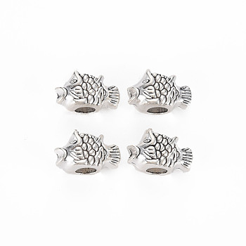 Tibetan Style Alloy Beads, Cadmium Free & Lead Free, Large Hole Beads, Fish, Antique Silver, 9.5x15x8.5mm, Hole: 4.5mm, about 345pcs/1000g