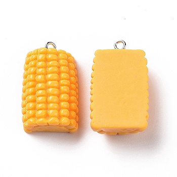 Opaque Resin Vegetables Pendants, Corn Charm with Platinum Tone Iron Loops, Imitation Food, Gold, 29.5x18x10.5mm, Hole: 2mm