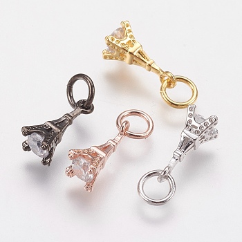 Brass Micro Pave Cubic Zirconia Charms, Eiffel Tower, Mixed Color, 11x4.5mm, Hole: 3mm