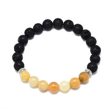 Natural Topaz Jade Beads Stretch Bracelets, with Synthetic Lava Rock Beads and Alloy Beads, Round, Inner Diameter: 2-1/8 inch(5.5cm), Beads: 8.5mm