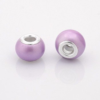 Spray Painted Glass European Beads, Large Hole Rondelle Beads, with Silver Tone Brass Cores, Plum, 14x11mm, Hole: 5mm