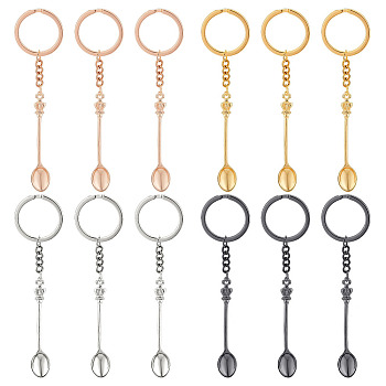 12Pcs 4 Colors Alloy Mini Crown Spoon Pendant Keychain, with Iron Ring, Mixed Color, 9.6cm, 3pcs/color