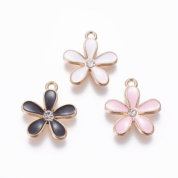 Alloy Enamel Pendants, with Rhinestone, Flower, Light Gold, Mixed Color, 20.5x18x2.5mm, Hole: 1.8mm