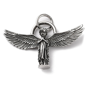 Ion Plating(IP) 304 Stainless Steel Pendants, with Jump Ring, Praying Angel Charm, Antique Silver, 28x44.5x7mm, Hole: 6.8mm
