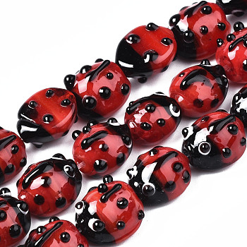 Handmade Lampwork Beads Strands, Ladybug, Red, 10.5~14x9~11x5~8mm, Hole: 1~2mm, about 20pcs/Strand, 8.86 inch~9.06 inch(22.5~23cm)