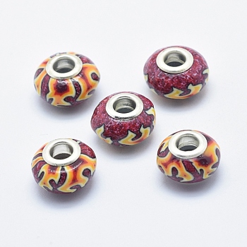 Handmade Polymer Clay European Beads, with Silver Color Plated Brass Cores, Large Hole Beads, Rondelle, Saddle Brown, 13~16x8~11mm, Hole: 4.5~5mm