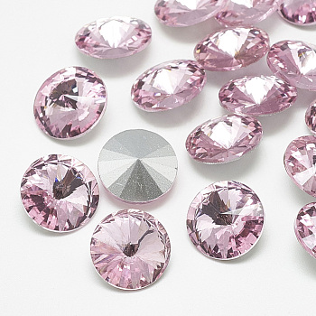 Pointed Back Glass Rhinestone Cabochons, Rivoli Rhinestone, Back Plated, Faceted, Cone, Light Rose, 12x6mm