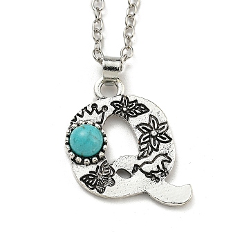 Letter A~Z Antique Silver Plated Alloy with Synthetic Turquoise Pendant Necklace, with Iron Cable Chains, Letter Q, 18.70 inch(475mm), Letter Q: 26x22mm