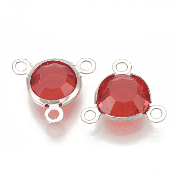Glass Charms, with 304 Stainless Steel Finding, Flat Round, Faceted, Stainless Steel Color, Red, 12x13x4mm, Hole: 1.5mm