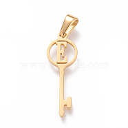 304 Stainless Steel Initial Pendants, Large Hole Pendants, Key with Letter, Golden, Letter.E, 25x8.5x1mm, Hole: 6x2.5mm(STAS-D019-09E-G)