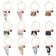 12 Pcs 12 Style Cat Theme Alloy Enamel Wine Glass Charms, Goblet Marker, with Brass Wine Glass Charm Rings, Golden, 47~60mm, 1pc/style(AJEW-BC0003-89)