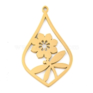 304 Stainless Steel Pendants, Laser Cut, Teardrop with Dragonfly & Flower Charm, Real 18K Gold Plated, 34.5x20.5x1.3mm, Hole: 1.6mm(STAS-Z076-10G)