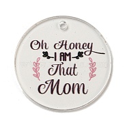 Mother's Day Opaque Acrylic Pendants, Flat Round with Word, Coconut Brown, 45x3mm, Hole: 3.5mm(BACR-C001-02C)