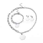 304 Stainless Steel Paperclip Chains & Cable Chain Jewelry Sets, Dangle Earrings & Pendant Necklaces & Charm Bracelets, Hexagon, Stainless Steel Color, 18-3/4 inch(47.7cm), 8 inch(20.3cm), 28mm, pin: 0.6mm(SJEW-K153-56P)