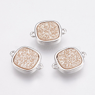 Natural Druzy Agate Links connectors, with Brass Findings, Square, Platinum, Pink Plated, 16x11x3.5~4mm, Hole: 1mm(KK-G343-08P-06)