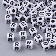 White Opaque Acrylic Beads, Horizontal Hole, Cube with Black Alphabet, Letter.R, 4~5x4~5x4~5mm, Hole: 1.8mm, about 6470~6500pcs/500g(MACR-R869-02R)