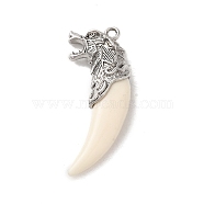 Tibetan Style Alloy Wolf Big Pendants, Resin Wolf Tooth Shape Charms, Antique Silver, 59.5x28x10.5mm, Hole: 2.5mm(FIND-A042-04AS)