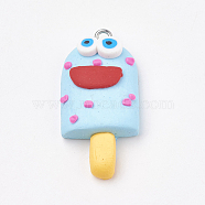 Handmade Polymer Clay Pendants, with Iron Findings, Ice Cream with Smile, Platinum, Sky Blue, 34~35x16~17x8~9mm, Hole: 2mm(X-CLAY-T012-23B)