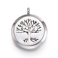316 Surgical Stainless Steel Diffuser Locket Pendants, with Perfume Pad and Magnetic Clasps, Tree of Life, Stainless Steel Color, Black, 36.5~37x30x6~6.5mm, Hole: 5mm, inner diameter: 23mm(STAS-P102-054G)