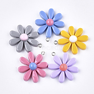 Resin Pendants, with Platinum Tone Iron Findings, Flower, Mixed Color, 33~34x28~30x8~9mm, Hole: 2mm(X-CRES-T010-87)