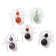 Natural Mixed Stone Pendants, with Copper Wire Wrapped Findings, Long-Lasting Plated, Spider Charms, Platinum, 27~30x28~32x10~10.5mm, Hole: 2.5mm(PALLOY-JF02108-02)